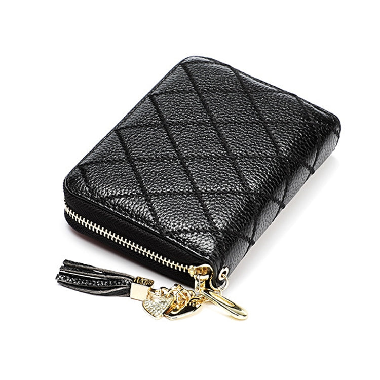 KB213 Diamond Texture Zipper Cowhide Leather Double Row Organ Shape Multiple Card Slots Anti-magnetic RFID Wallet Clutch Bag for Ladies (Black) - Antimagnetic RFID Package by PMC Jewellery | Online Shopping South Africa | PMC Jewellery | Buy Now Pay Later Mobicred