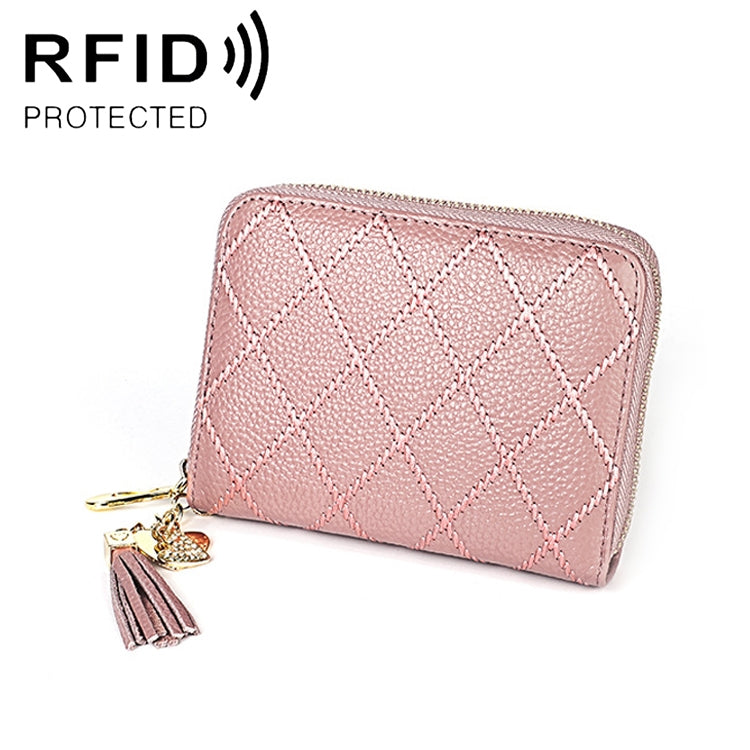 KB213 Diamond Texture Zipper Cowhide Leather Double Row Organ Shape Multiple Card Slots Anti-magnetic RFID Wallet Clutch Bag for Ladies (Light Pink) - Antimagnetic RFID Package by PMC Jewellery | Online Shopping South Africa | PMC Jewellery | Buy Now Pay Later Mobicred