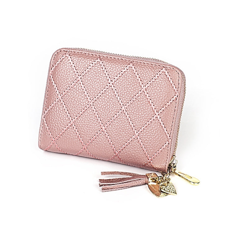 KB213 Diamond Texture Zipper Cowhide Leather Double Row Organ Shape Multiple Card Slots Anti-magnetic RFID Wallet Clutch Bag for Ladies (Light Pink) - Antimagnetic RFID Package by PMC Jewellery | Online Shopping South Africa | PMC Jewellery | Buy Now Pay Later Mobicred