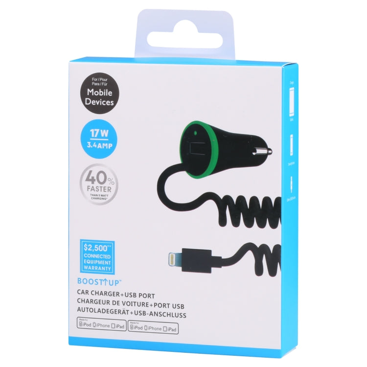 17W 3.4A Mini USB Car Charger with 8 Pin Spring Cable - Car Charger by PMC TechLife | Online Shopping South Africa | PMC TechLife