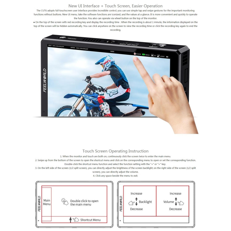 FEELWORLD CUT6 6-inch Touch Screen Monitor Recorder FHD IPS 4K HDMI Camera Field Monitor (Black) - On-camera Monitors by FEELWORLD | Online Shopping South Africa | PMC Jewellery | Buy Now Pay Later Mobicred