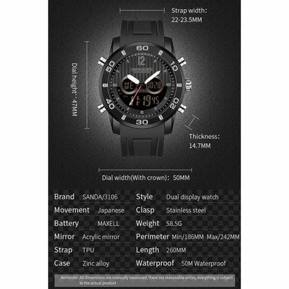 SANDA 3106 Dual Digital Display Men Outdoor Sports Luminous Shockproof Electronic Watch(Full Black) - Metal Strap Watches by SANDA | Online Shopping South Africa | PMC Jewellery | Buy Now Pay Later Mobicred