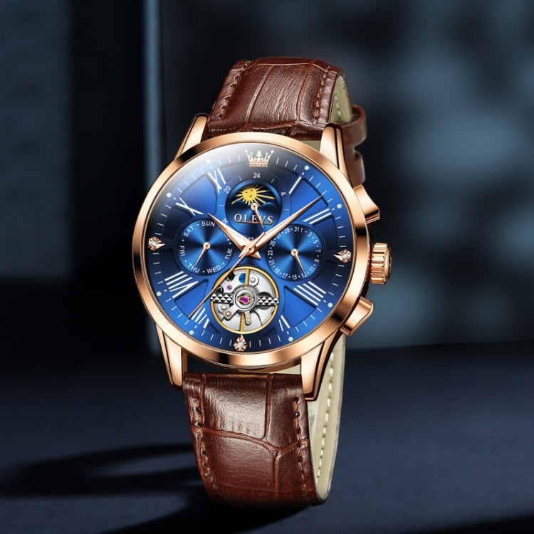 OLEVS 9912 Hollow Flywheel Week Calendar Dial Luminous Mechanical Watch for Men(Rose Gold Shell Blue Surface) - Leather Strap Watches by OLEVS | Online Shopping South Africa | PMC Jewellery | Buy Now Pay Later Mobicred