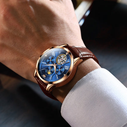 OLEVS 9912 Hollow Flywheel Week Calendar Dial Luminous Mechanical Watch for Men(Rose Gold Shell Blue Surface) - Leather Strap Watches by OLEVS | Online Shopping South Africa | PMC Jewellery | Buy Now Pay Later Mobicred