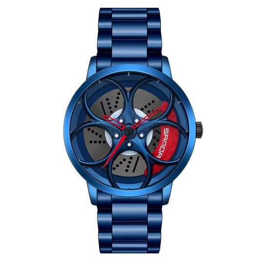 SANDA 1070 3D Oval Hollow Out Wheel Non-rotatable Dial Quartz Watch for Men, Style:Steel Belt(Blue Red) - Metal Strap Watches by SANDA | Online Shopping South Africa | PMC Jewellery | Buy Now Pay Later Mobicred