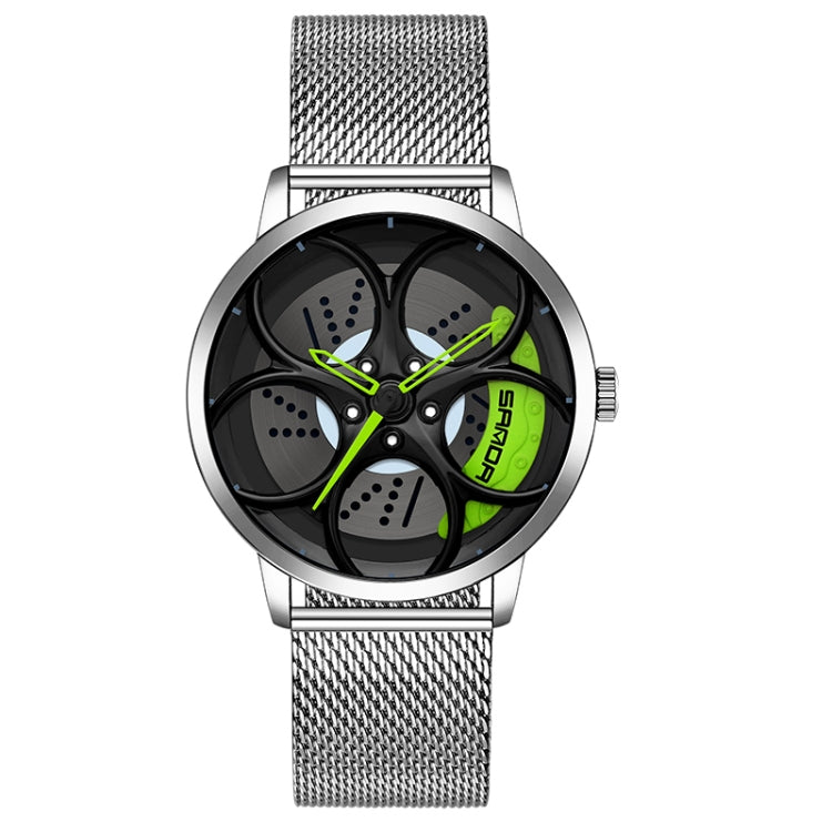 SANDA 1070 3D Oval Hollow Out Wheel Non-rotatable Dial Quartz Watch for Men, Style:Mesh Belt(Silver Green) - Metal Strap Watches by SANDA | Online Shopping South Africa | PMC Jewellery | Buy Now Pay Later Mobicred