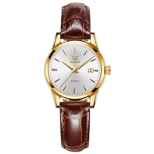 OLEVS 6898 Women Fashion Waterproof Dual Calendar Quartz Watch(Brown White) - Leather Strap Watches by OLEVS | Online Shopping South Africa | PMC Jewellery | Buy Now Pay Later Mobicred