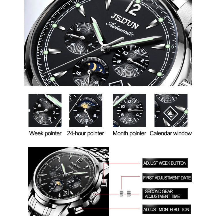 JIN SHI DUN 8750 Men Fashion Waterproof Luminous Mechanical Watch(Silver Black) - Metal Strap Watches by JIN SHI DUN | Online Shopping South Africa | PMC Jewellery | Buy Now Pay Later Mobicred