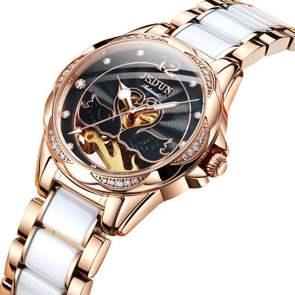 JIN SHI DUN 8831 Women Fashion Diamond Hollowed Waterproof Ceramic Mechanical Watch(Black) - Metal Strap Watches by JIN SHI DUN | Online Shopping South Africa | PMC Jewellery | Buy Now Pay Later Mobicred