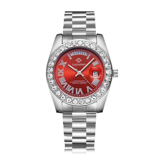 CAGARNY 6886 Diamond-encrusted Roman Numeral Dial Quartz Watch for Men(Silver Shell Red Dial) - Metal Strap Watches by CAGARNY | Online Shopping South Africa | PMC Jewellery | Buy Now Pay Later Mobicred