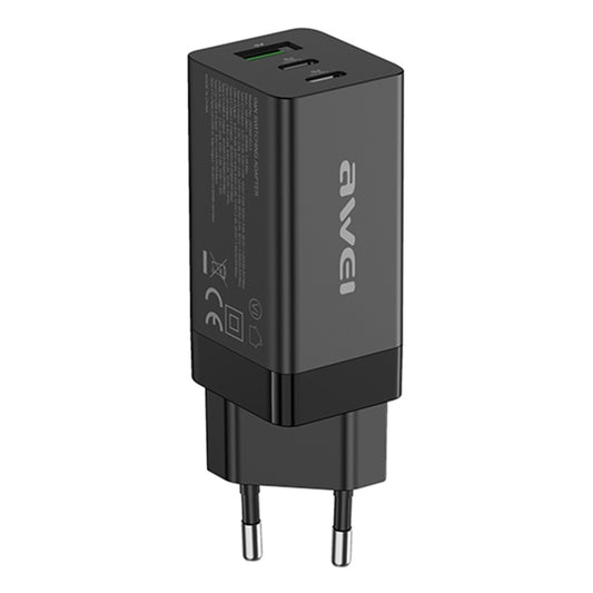 awei PD9 65W Dual Type-C / USB-C + USB GaN Fast Charging Travel Charger, EU Plug(Black) - USB Charger by awei | Online Shopping South Africa | PMC Jewellery | Buy Now Pay Later Mobicred