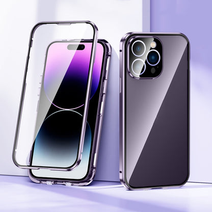 For iPhone 14 Pro Max Magnetic Double-buckle HD Tempered Glass Phone Case (Purple) - iPhone 14 Pro Max Cases by PMC Jewellery | Online Shopping South Africa | PMC Jewellery