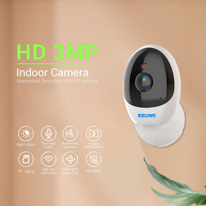 ESCAM QF006 3MP 1296P HD Indoor Wireless PTZ IP Camera IR Night Vision AI Humanoid Detection Home Security CCTV Monitor, Plug Type:UK Plug(White) - Mini Camera by ESCAM | Online Shopping South Africa | PMC Jewellery | Buy Now Pay Later Mobicred