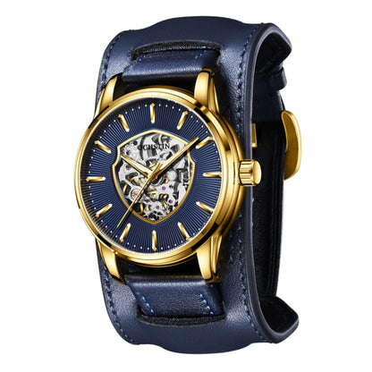 OCHSTIN 7010C Pilot Series Hollow Mechanical Men Watch(Gold-Blue) - Leather Strap Watches by OCHSTIN | Online Shopping South Africa | PMC Jewellery | Buy Now Pay Later Mobicred