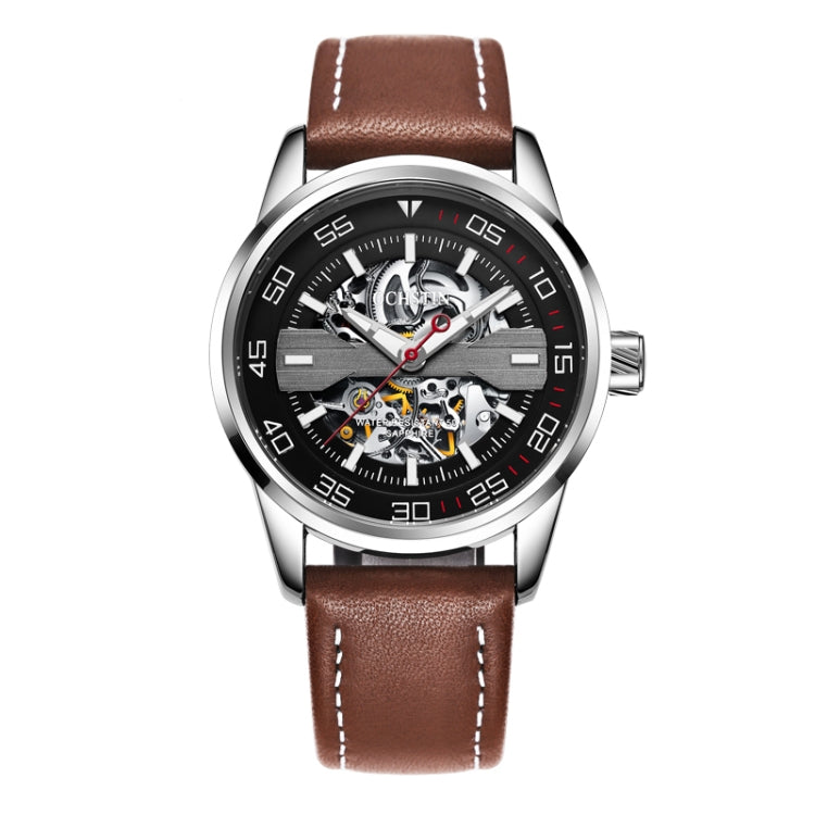 OCHSTIN 62002A Master Series Hollow Mechanical Men Watch(Silver-Brown) - Leather Strap Watches by OCHSTIN | Online Shopping South Africa | PMC Jewellery | Buy Now Pay Later Mobicred