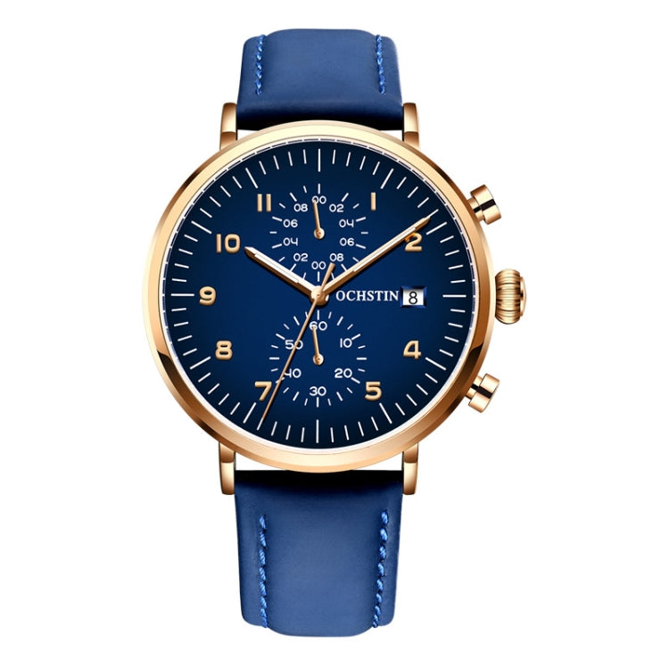 OCHSTIN 6076C Multifunctional Quartz Waterproof Men Leather Watch(Rose Gold+Blue) - Leather Strap Watches by OCHSTIN | Online Shopping South Africa | PMC Jewellery | Buy Now Pay Later Mobicred