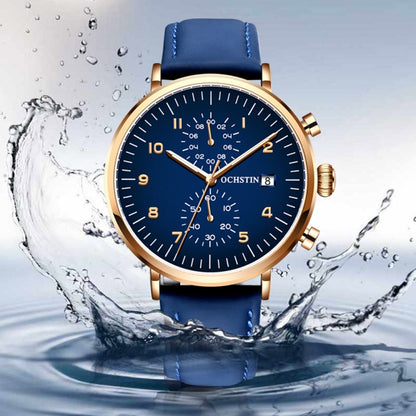 OCHSTIN 6076C Multifunctional Quartz Waterproof Men Leather Watch(Rose Gold+Blue) - Leather Strap Watches by OCHSTIN | Online Shopping South Africa | PMC Jewellery | Buy Now Pay Later Mobicred