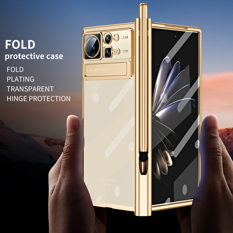 For Xiaomi Mix Fold 2 Electroplated Hinge Transparent Phone Case with Pen Slot(Blue) - Xiaomi Cases by PMC TechLife | Online Shopping South Africa | PMC TechLife