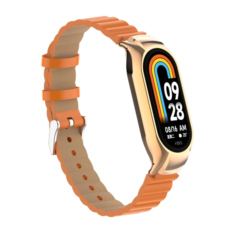 For Xiaomi Mi Band 8 Integrated Metal Case + Bamboo Leather Watch Band(Orange) - Smart Wear by PMC Jewellery | Online Shopping South Africa | PMC Jewellery
