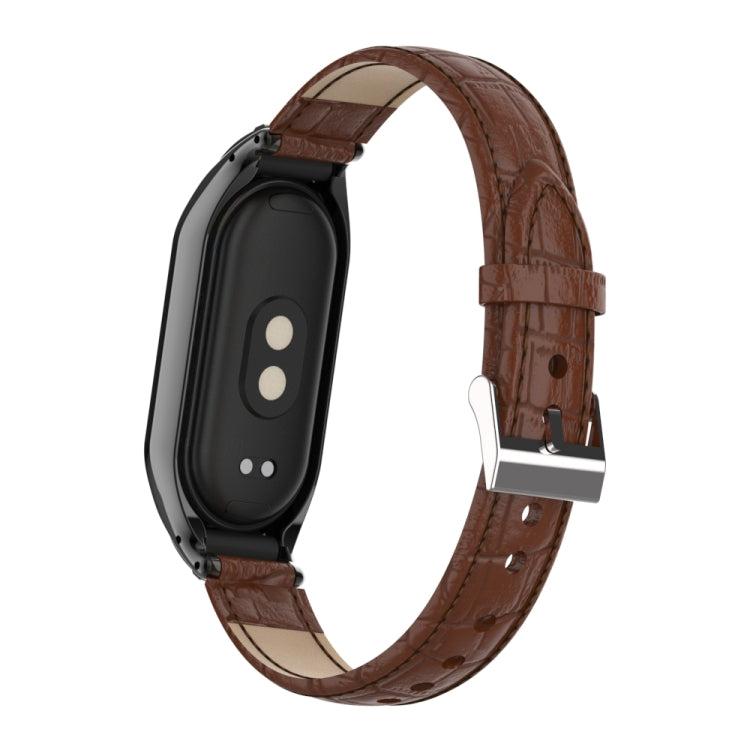 For Xiaomi Mi Band 8 Integrated Metal Case + Cocodile Texture Leather Watch Band(Brown) - Smart Wear by PMC Jewellery | Online Shopping South Africa | PMC Jewellery