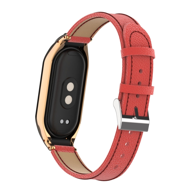 For Xiaomi Mi Band 8 Integrated Metal Case + Litchi Texture Leather Watch Band(Red) - Smart Wear by PMC Jewellery | Online Shopping South Africa | PMC Jewellery