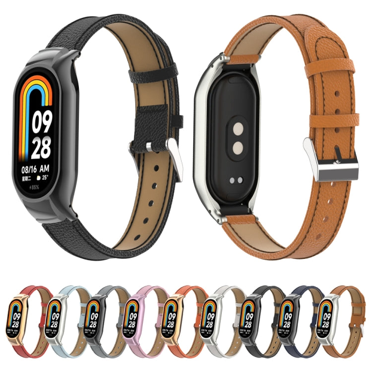 For Xiaomi Mi Band 8 Integrated Metal Case + Litchi Texture Leather Watch Band(Brown) - Smart Wear by PMC Jewellery | Online Shopping South Africa | PMC Jewellery