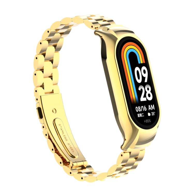 For Xiaomi Mi Band 8 Integrated Metal Case + Three-bead Watch Band(Gold) - Smart Wear by PMC Jewellery | Online Shopping South Africa | PMC Jewellery