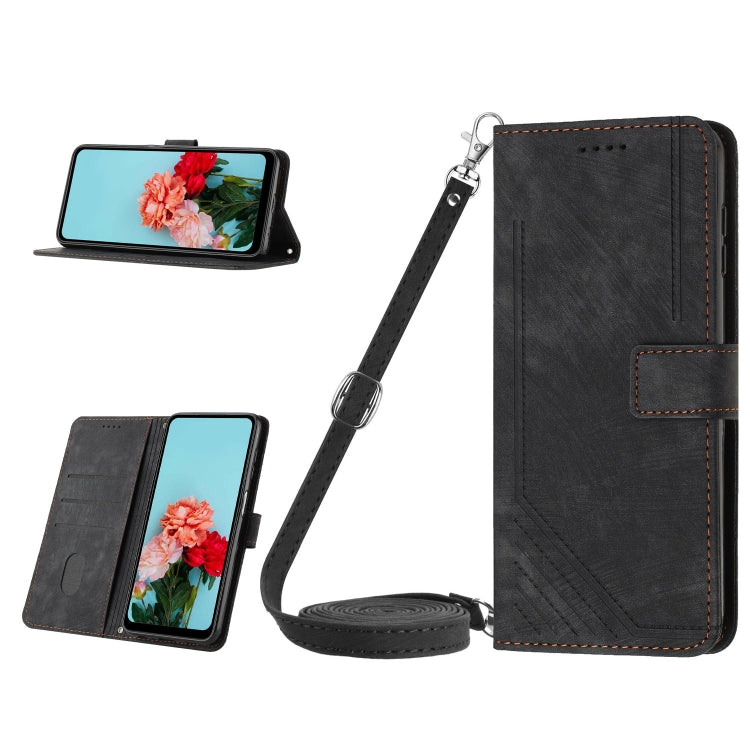 For Tecno Spark 10 Pro Skin Feel Stripe Pattern Leather Phone Case with Lanyard(Black) - Tecno Cases by PMC Jewellery | Online Shopping South Africa | PMC Jewellery