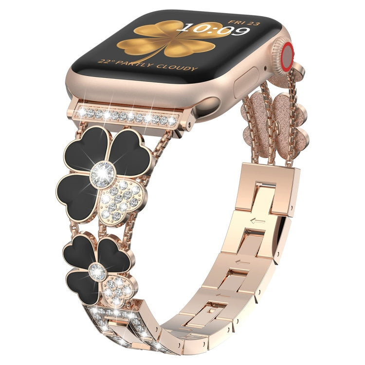 For Apple Watch Ultra 49mm Petal Metal Diamond Watch Band(Rose Gold+Black) -  by PMC Jewellery | Online Shopping South Africa | PMC Jewellery