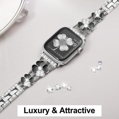 For Apple Watch 42mm Petal Metal Diamond Watch Band(Silver+Black) - Watch Bands by PMC Jewellery | Online Shopping South Africa | PMC Jewellery