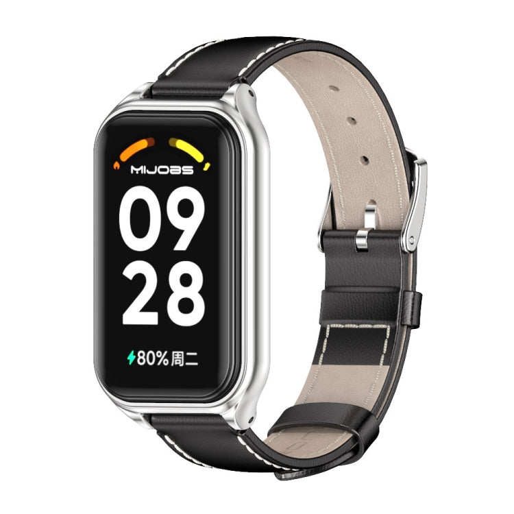 For Xiaomi Smart Band 8 Active / Redmi Band 2 Mijobs Metal Shell Genuine Leather Watch Band(Black Silver) - Watch Bands by MIJOBS | Online Shopping South Africa | PMC Jewellery | Buy Now Pay Later Mobicred