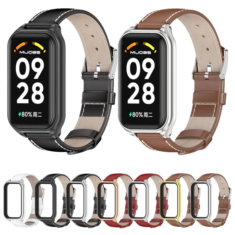 For Xiaomi Smart Band 8 Active / Redmi Band 2 Mijobs Metal Shell Genuine Leather Watch Band(Brown Silver) - Watch Bands by MIJOBS | Online Shopping South Africa | PMC Jewellery | Buy Now Pay Later Mobicred