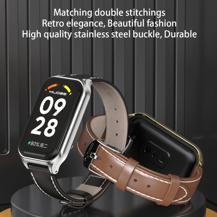 For Xiaomi Smart Band 8 Active / Redmi Band 2 Mijobs Metal Shell Genuine Leather Watch Band(Black Silver) - Watch Bands by MIJOBS | Online Shopping South Africa | PMC Jewellery | Buy Now Pay Later Mobicred