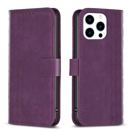 For iPhone 13 Pro Plaid Embossed Leather Phone Case(Purple) - iPhone 13 Pro Cases by PMC Jewellery | Online Shopping South Africa | PMC Jewellery