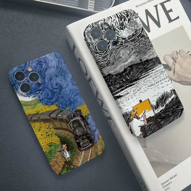 For iPhone 12 Precise Hole Oil Painting Pattern PC Phone Case(Train) - iPhone 12 / 12 Pro Cases by PMC Jewellery | Online Shopping South Africa | PMC Jewellery