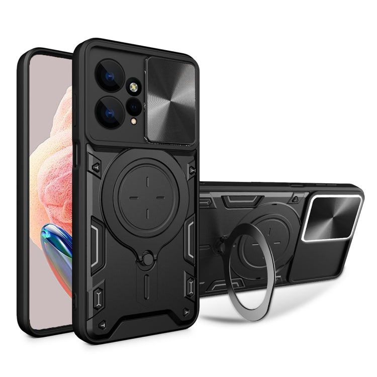 For Xiaomi Redmi Note 12 4G CD Texture Sliding Camshield Magnetic Holder Phone Case(Black) - free shipping - PMC TechLife - Order now!
