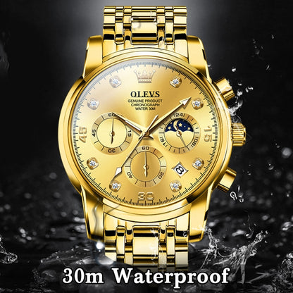 OLEVS 2889 Men Multifunctional Luminous Waterproof Quartz Watch(Gold) - Metal Strap Watches by OLEVS | Online Shopping South Africa | PMC Jewellery