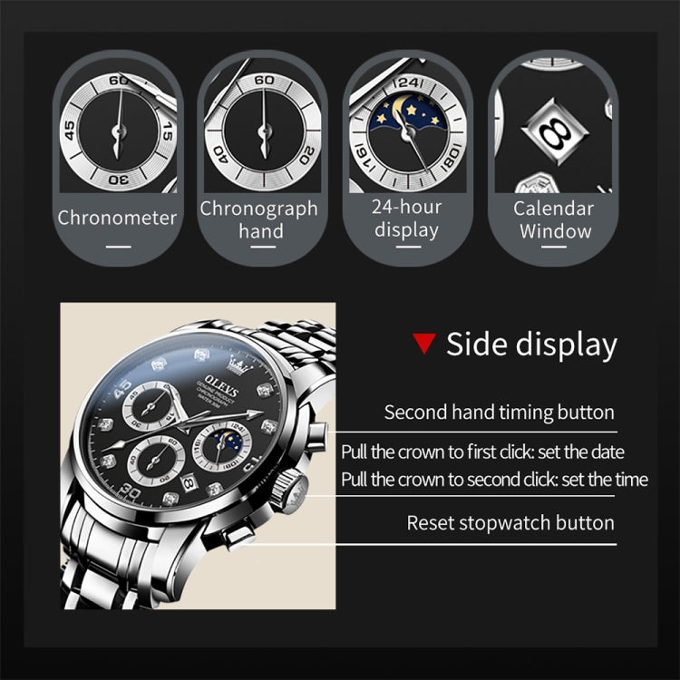 OLEVS 2889 Men Multifunctional Luminous Waterproof Quartz Watch(Black) - Metal Strap Watches by OLEVS | Online Shopping South Africa | PMC Jewellery | Buy Now Pay Later Mobicred