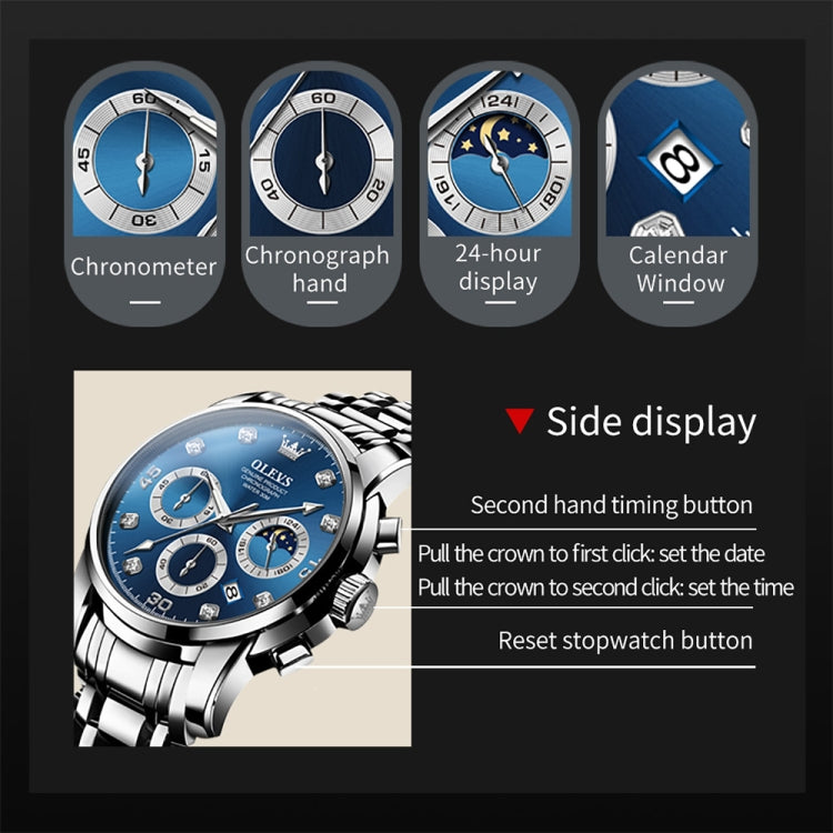 OLEVS 2889 Men Multifunctional Luminous Waterproof Quartz Watch(Blue) - Metal Strap Watches by OLEVS | Online Shopping South Africa | PMC Jewellery | Buy Now Pay Later Mobicred