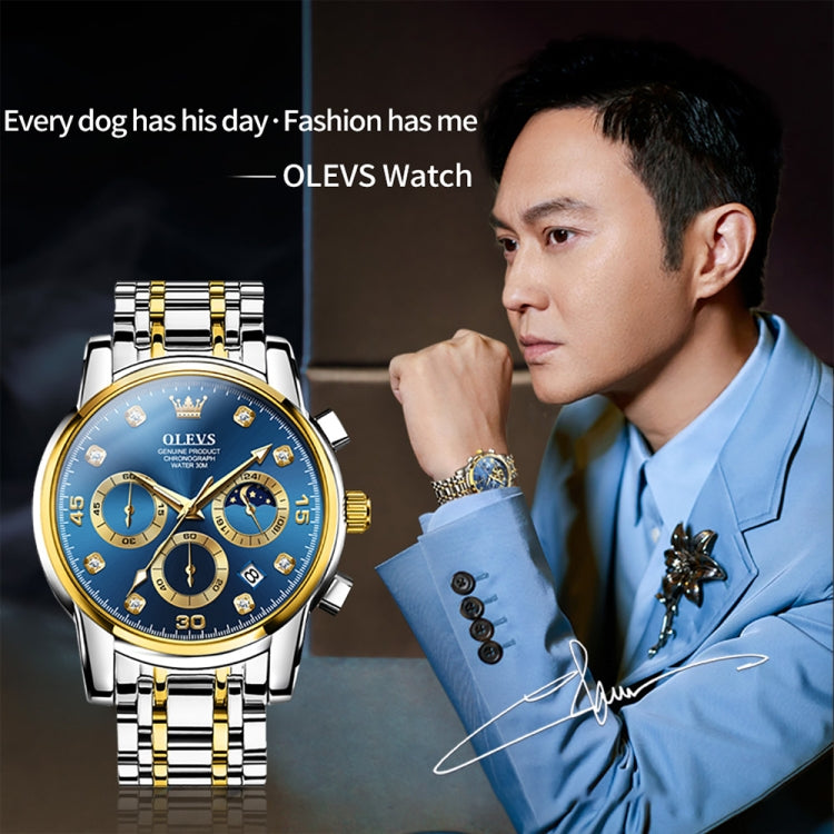 OLEVS 2889 Men Multifunctional Luminous Waterproof Quartz Watch(Blue + Gold) - Metal Strap Watches by OLEVS | Online Shopping South Africa | PMC Jewellery