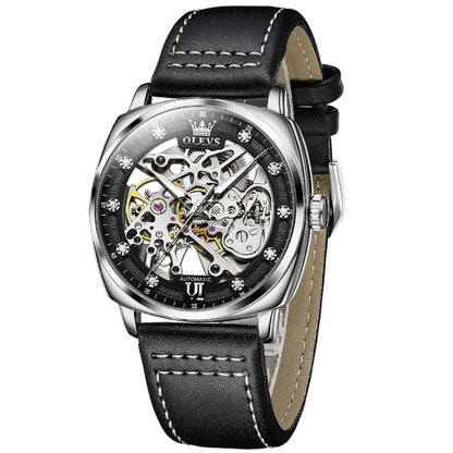 OLEVS 6651 Men Luminous Waterproof Hollow Mechanical Watch(Black + White) - Leather Strap Watches by OLEVS | Online Shopping South Africa | PMC Jewellery | Buy Now Pay Later Mobicred