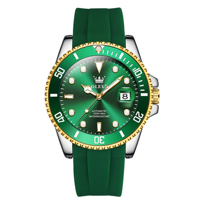 OLEVS 6650 Men Luminous Waterproof Silicone Strap Mechanical Watch(Green + Gold) - Silicone Strap Watches by OLEVS | Online Shopping South Africa | PMC Jewellery | Buy Now Pay Later Mobicred