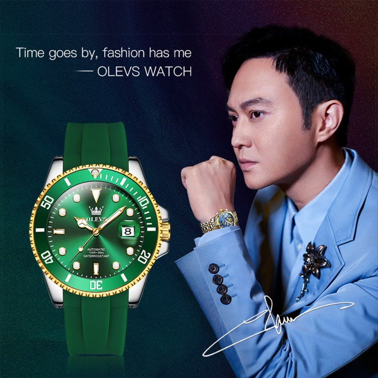 OLEVS 6650 Men Luminous Waterproof Silicone Strap Mechanical Watch(Green + Gold) - Silicone Strap Watches by OLEVS | Online Shopping South Africa | PMC Jewellery | Buy Now Pay Later Mobicred