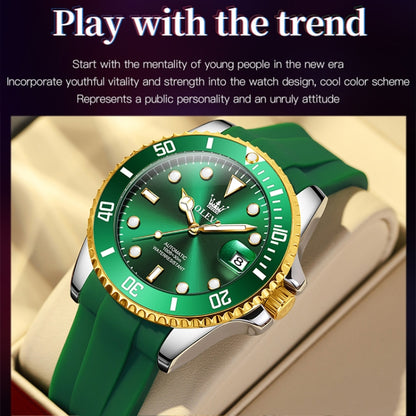 OLEVS 6650 Men Luminous Waterproof Silicone Strap Mechanical Watch(Green + Gold) - Silicone Strap Watches by OLEVS | Online Shopping South Africa | PMC Jewellery | Buy Now Pay Later Mobicred