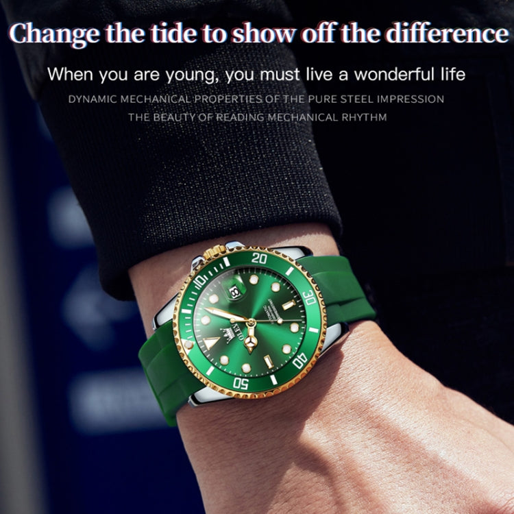 OLEVS 6650 Men Luminous Waterproof Silicone Strap Mechanical Watch(Green + Gold) - Silicone Strap Watches by OLEVS | Online Shopping South Africa | PMC Jewellery | Buy Now Pay Later Mobicred