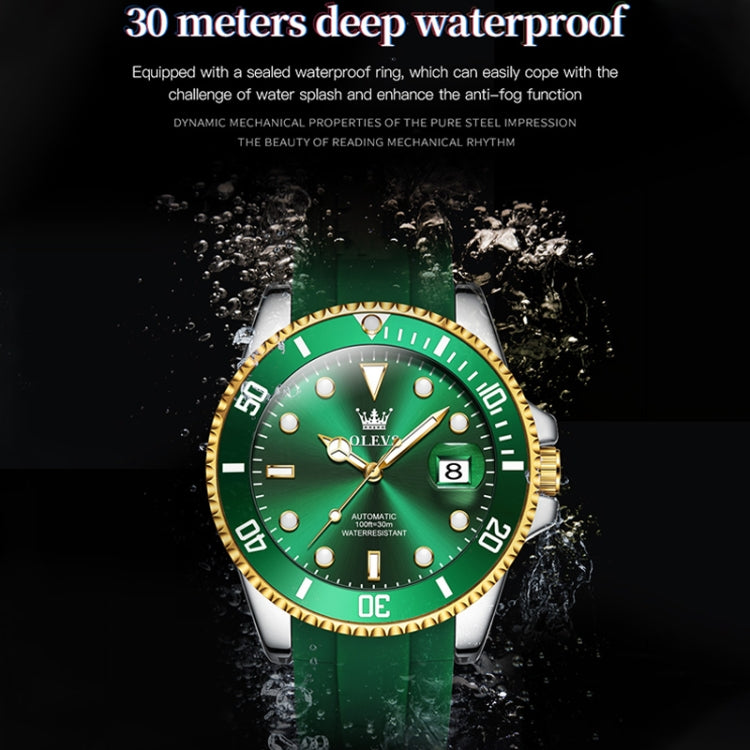 OLEVS 6650 Men Luminous Waterproof Silicone Strap Mechanical Watch(Green + Gold) - Silicone Strap Watches by OLEVS | Online Shopping South Africa | PMC Jewellery | Buy Now Pay Later Mobicred