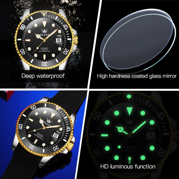 OLEVS 6650 Men Luminous Waterproof Silicone Strap Mechanical Watch(Black + Gold) - Silicone Strap Watches by OLEVS | Online Shopping South Africa | PMC Jewellery | Buy Now Pay Later Mobicred