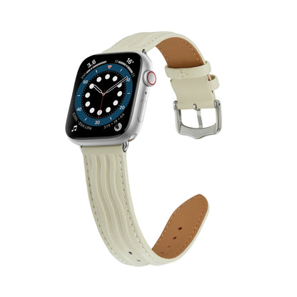 Embossed Line Genuine Leather Watch Band For Apple Watch 8 41mm(Milky White) - Watch Bands by PMC Jewellery | Online Shopping South Africa | PMC Jewellery