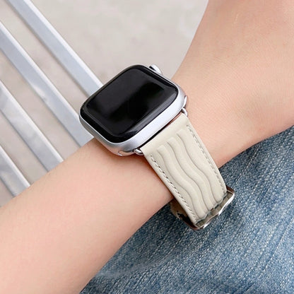 Embossed Line Genuine Leather Watch Band For Apple Watch 8 41mm(Milky White) - Watch Bands by PMC Jewellery | Online Shopping South Africa | PMC Jewellery