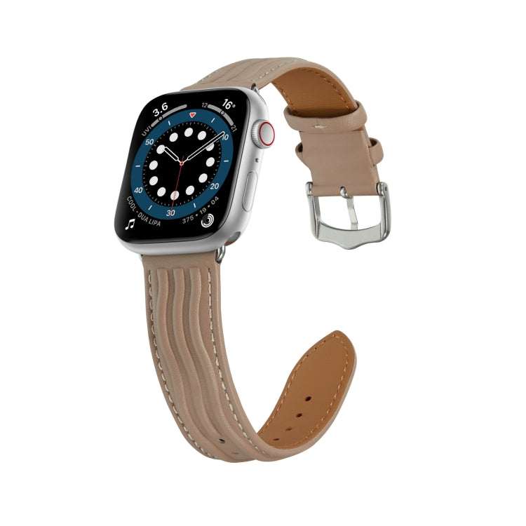 Embossed Line Genuine Leather Watch Band For Apple Watch 7 41mm(Milky Brown) - Watch Bands by PMC Jewellery | Online Shopping South Africa | PMC Jewellery